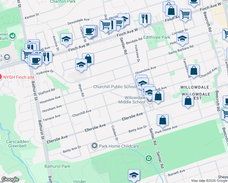 map of restaurants, bars, coffee shops, grocery stores, and more near 299 Horsham Avenue in Toronto