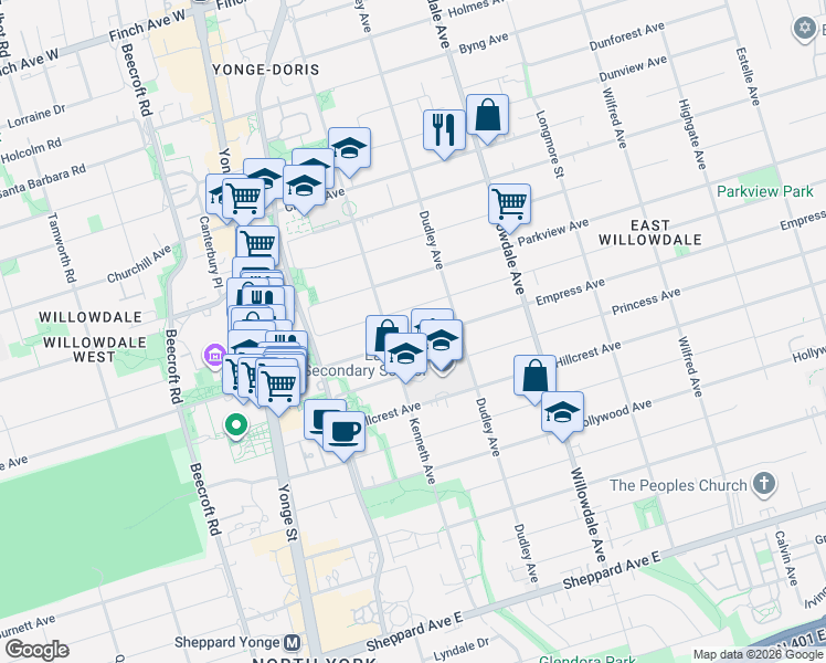 map of restaurants, bars, coffee shops, grocery stores, and more near 114 Empress Avenue in Toronto