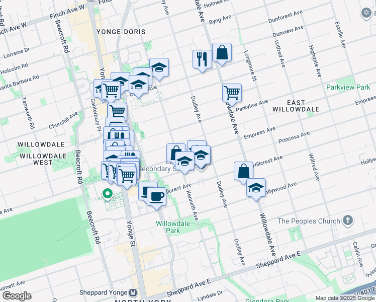 map of restaurants, bars, coffee shops, grocery stores, and more near 114 Empress Avenue in Toronto