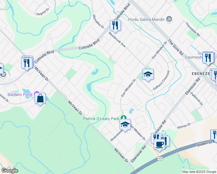 map of restaurants, bars, coffee shops, grocery stores, and more near 31 Hampton Springs Drive in Brampton