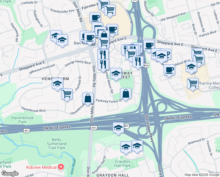 map of restaurants, bars, coffee shops, grocery stores, and more near 20 Forest Manor Road in Toronto