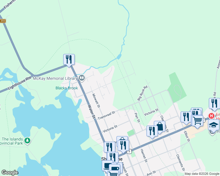 map of restaurants, bars, coffee shops, grocery stores, and more near 238 Digby Street in Shelburne