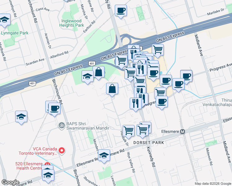 map of restaurants, bars, coffee shops, grocery stores, and more near 101 Dundalk Drive in Toronto