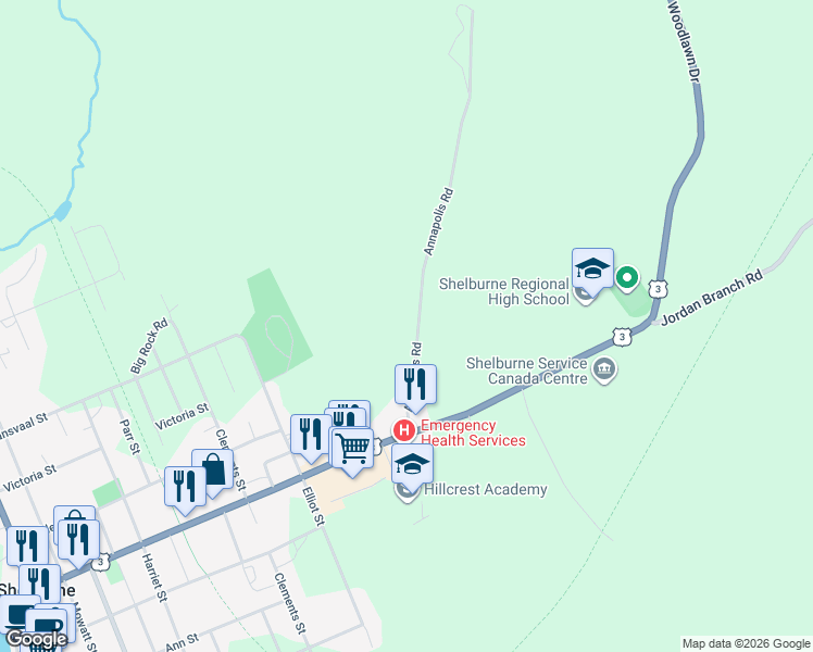 map of restaurants, bars, coffee shops, grocery stores, and more near 83 Annapolis Road in Shelburne