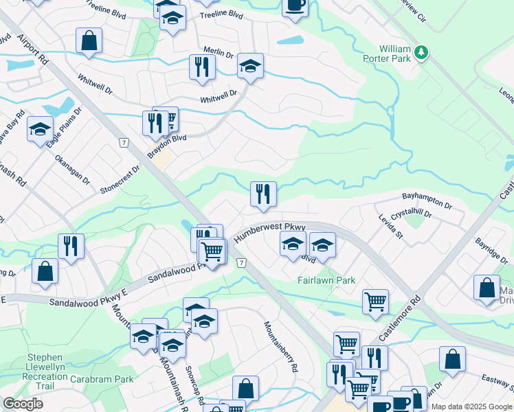map of restaurants, bars, coffee shops, grocery stores, and more near 12 Butterfly Ridge Court in Brampton
