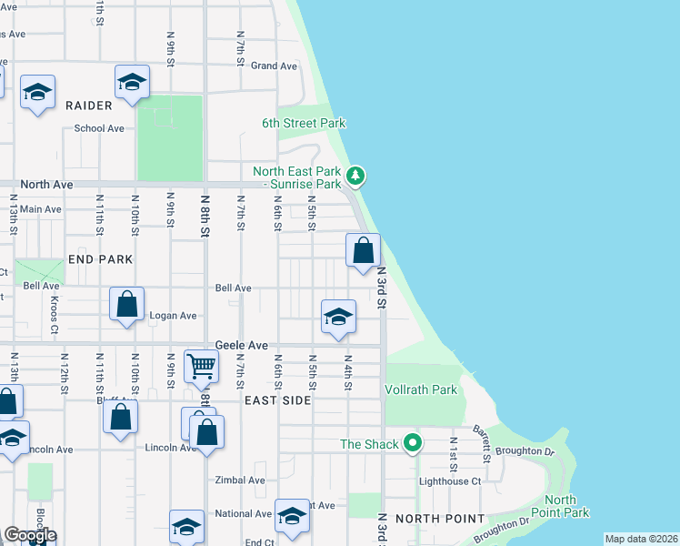 map of restaurants, bars, coffee shops, grocery stores, and more near 406 Clifton Avenue in Sheboygan
