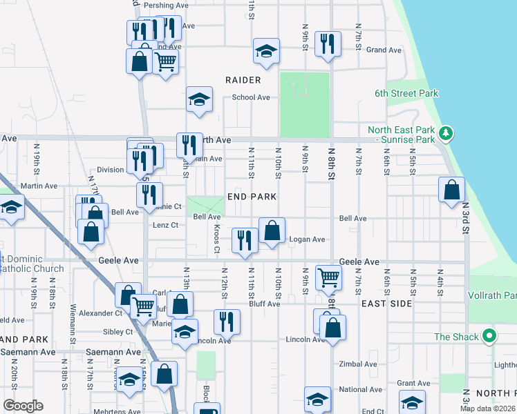 map of restaurants, bars, coffee shops, grocery stores, and more near 1018 Los Angeles Avenue in Sheboygan