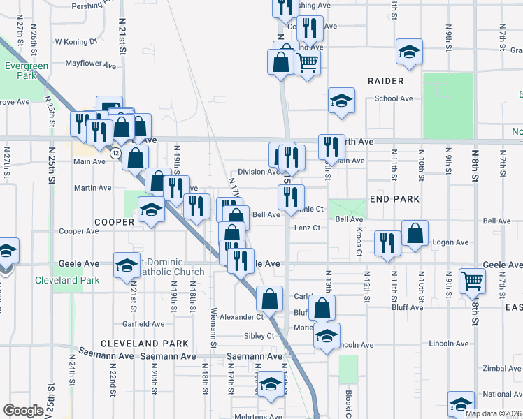 map of restaurants, bars, coffee shops, grocery stores, and more near 1537 Martin Avenue in Sheboygan
