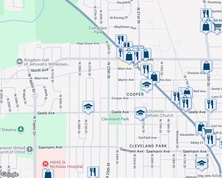 map of restaurants, bars, coffee shops, grocery stores, and more near 2430 North 24th Street in Sheboygan