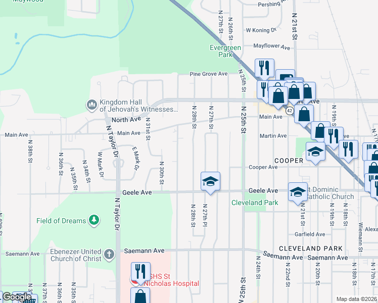 map of restaurants, bars, coffee shops, grocery stores, and more near 2425 North 29th Street in Sheboygan