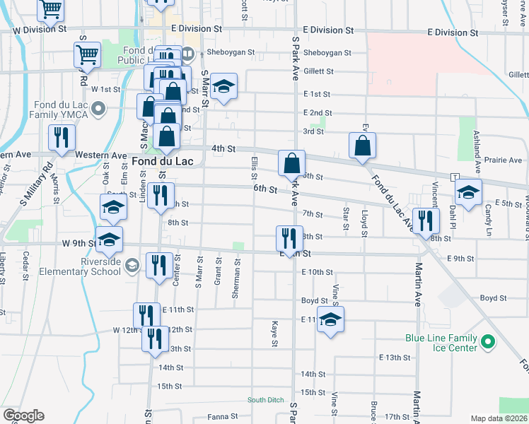 map of restaurants, bars, coffee shops, grocery stores, and more near 266 Ellis Street in Fond du Lac