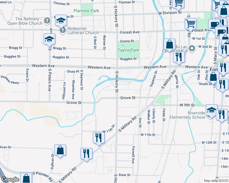 map of restaurants, bars, coffee shops, grocery stores, and more near 254 South Hickory Street in Fond du Lac