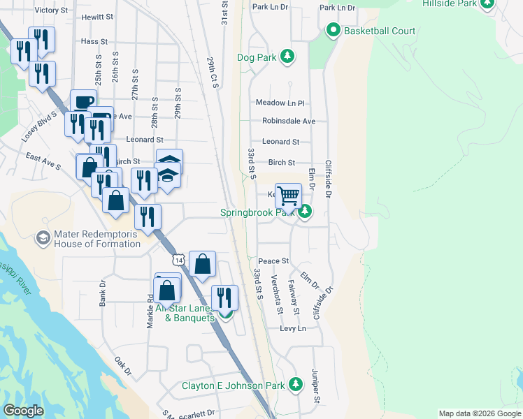 map of restaurants, bars, coffee shops, grocery stores, and more near 3311 Kenton Street in La Crosse