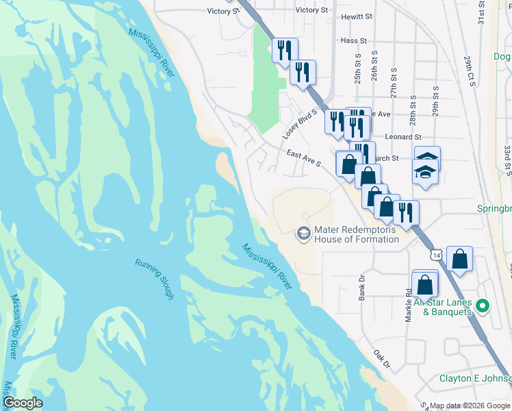 map of restaurants, bars, coffee shops, grocery stores, and more near 3475 Woodbridge Court in La Crosse