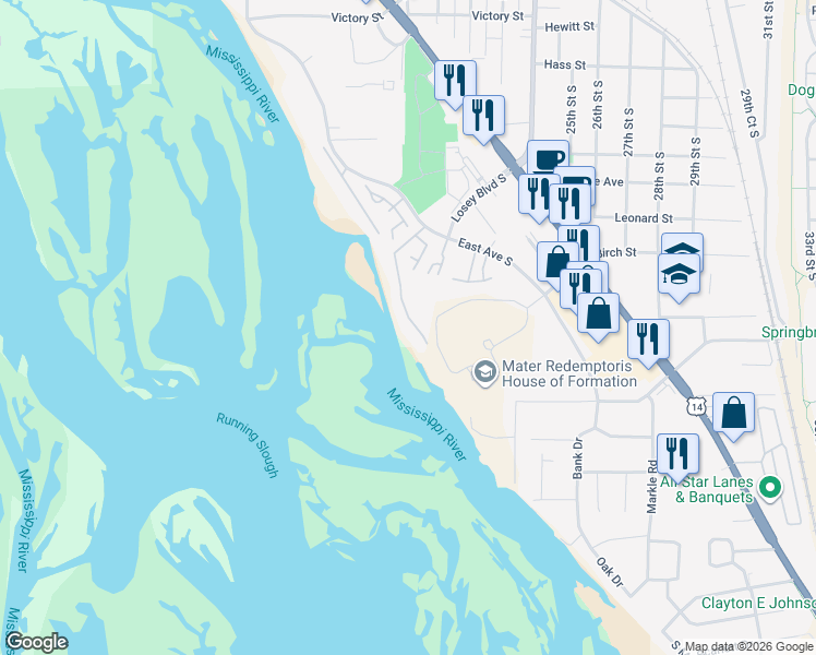 map of restaurants, bars, coffee shops, grocery stores, and more near 3475 Woodbridge Court in La Crosse