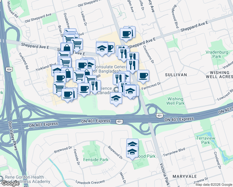 map of restaurants, bars, coffee shops, grocery stores, and more near in Toronto