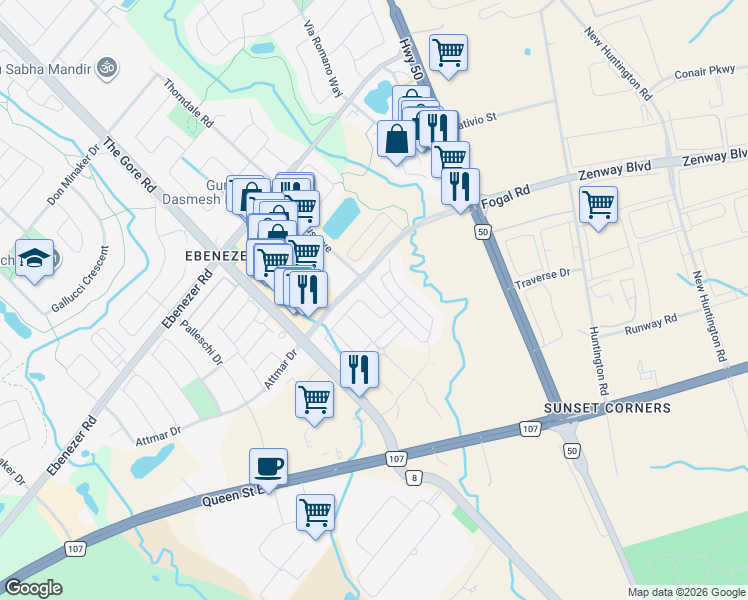 map of restaurants, bars, coffee shops, grocery stores, and more near 20 Ravenbury Street in Brampton