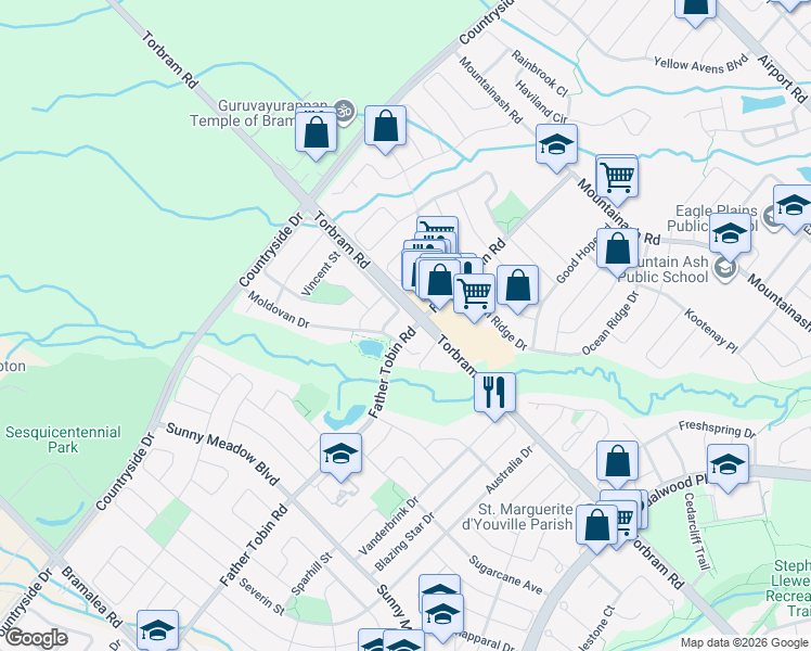 map of restaurants, bars, coffee shops, grocery stores, and more near 140 Father Tobin Road in Brampton