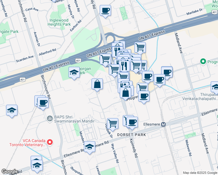 map of restaurants, bars, coffee shops, grocery stores, and more near 11 Antrim Crescent in Toronto