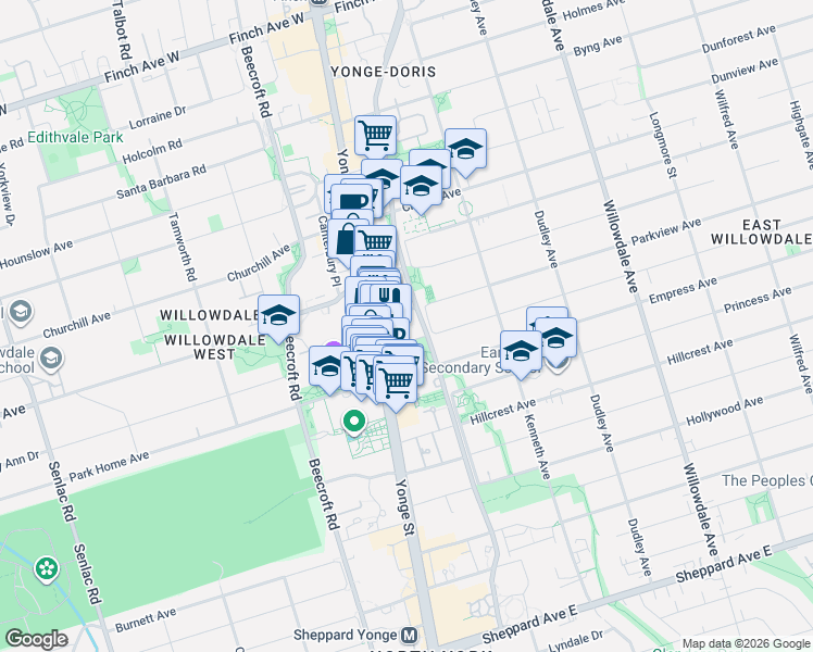 map of restaurants, bars, coffee shops, grocery stores, and more near 238 Doris Avenue in Toronto