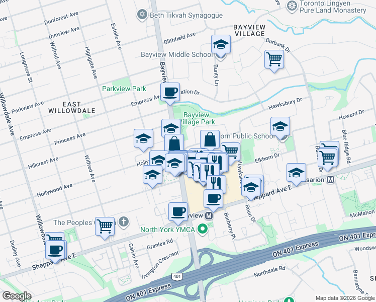 map of restaurants, bars, coffee shops, grocery stores, and more near 7 Foxwarren Drive in Toronto