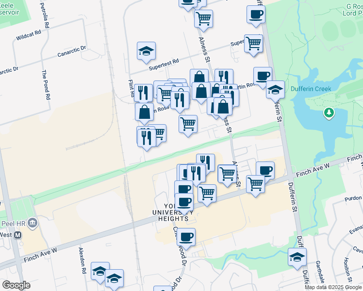 map of restaurants, bars, coffee shops, grocery stores, and more near 99 Brisbane Road in Toronto