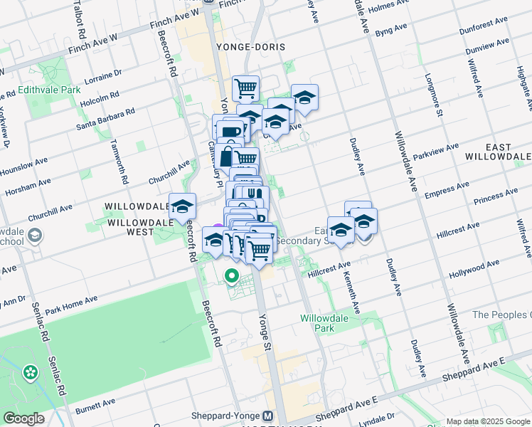 map of restaurants, bars, coffee shops, grocery stores, and more near 34 Parkview Avenue in Toronto
