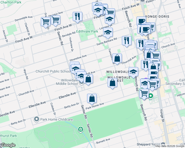 map of restaurants, bars, coffee shops, grocery stores, and more near 141 Churchill Avenue in Toronto
