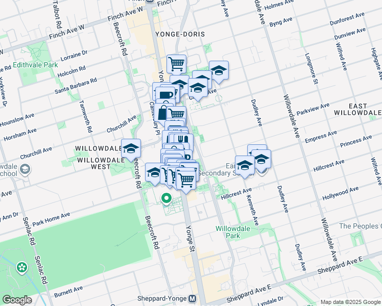 map of restaurants, bars, coffee shops, grocery stores, and more near 238 Doris Avenue in Toronto