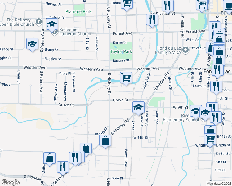 map of restaurants, bars, coffee shops, grocery stores, and more near 384 Tompkins Street in Fond du Lac