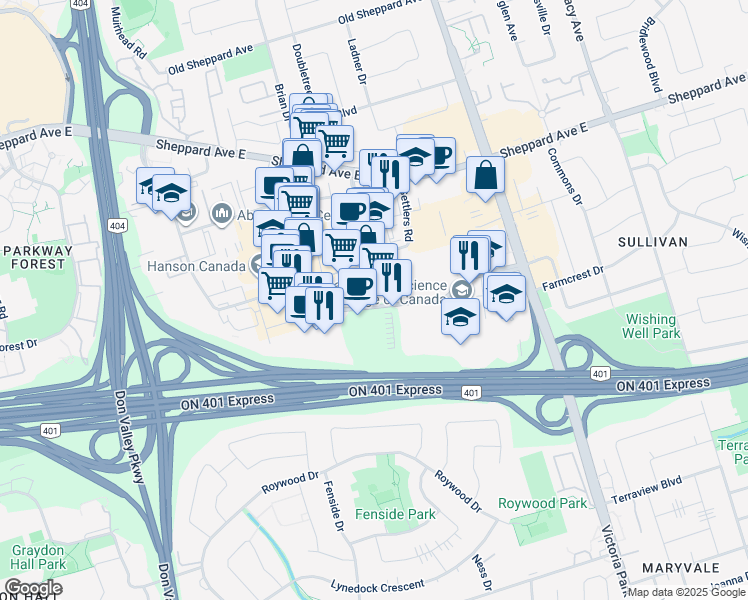map of restaurants, bars, coffee shops, grocery stores, and more near 400 Consumers Road in Toronto
