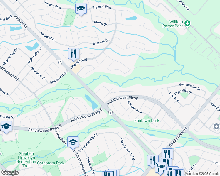 map of restaurants, bars, coffee shops, grocery stores, and more near 75 Hollowgrove Boulevard in Brampton