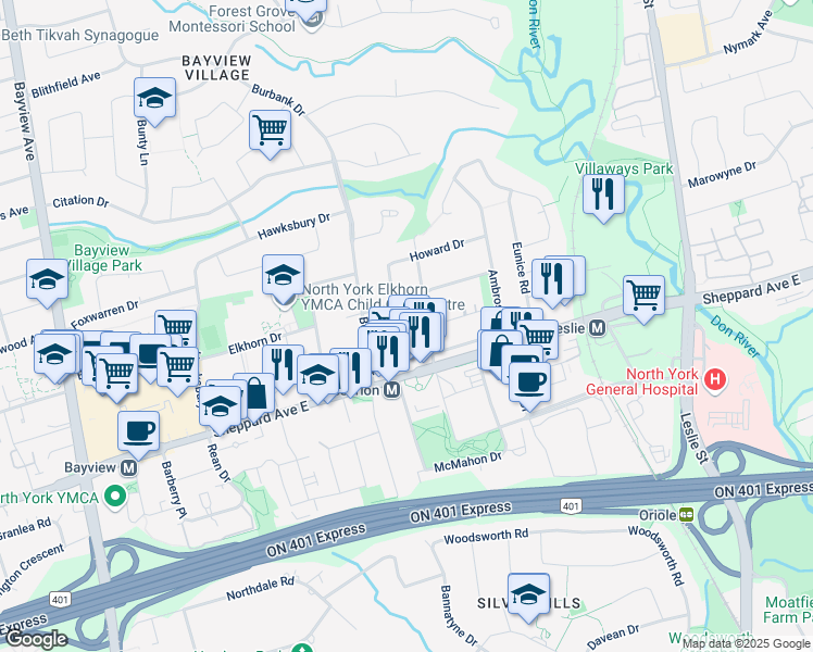map of restaurants, bars, coffee shops, grocery stores, and more near in Toronto