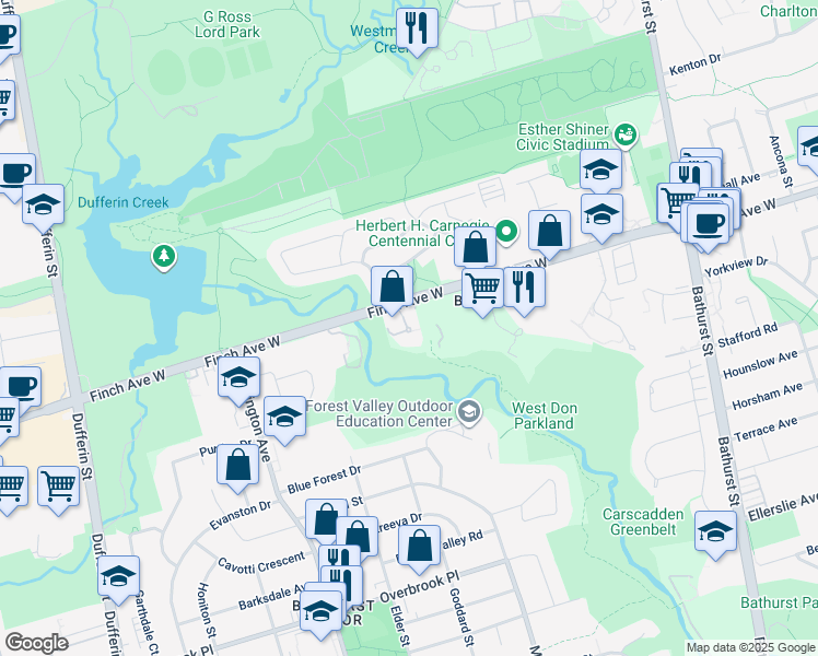 map of restaurants, bars, coffee shops, grocery stores, and more near in Toronto