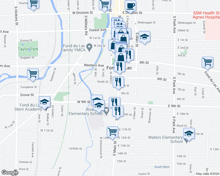 map of restaurants, bars, coffee shops, grocery stores, and more near 44 South Street in Fond du Lac