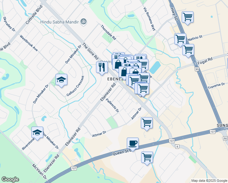 map of restaurants, bars, coffee shops, grocery stores, and more near Sea Drifter Crescent in Brampton