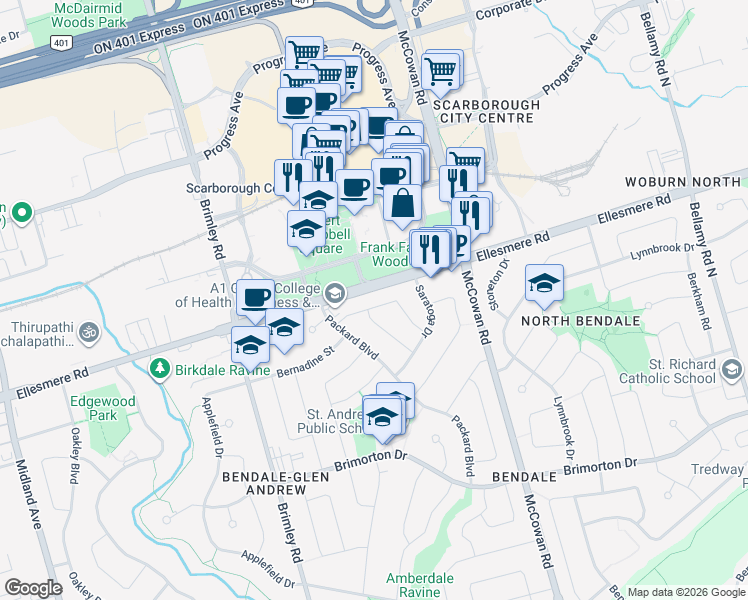 map of restaurants, bars, coffee shops, grocery stores, and more near 22 Aspendale Drive in Toronto