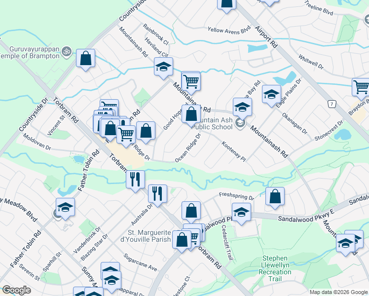 map of restaurants, bars, coffee shops, grocery stores, and more near in Brampton