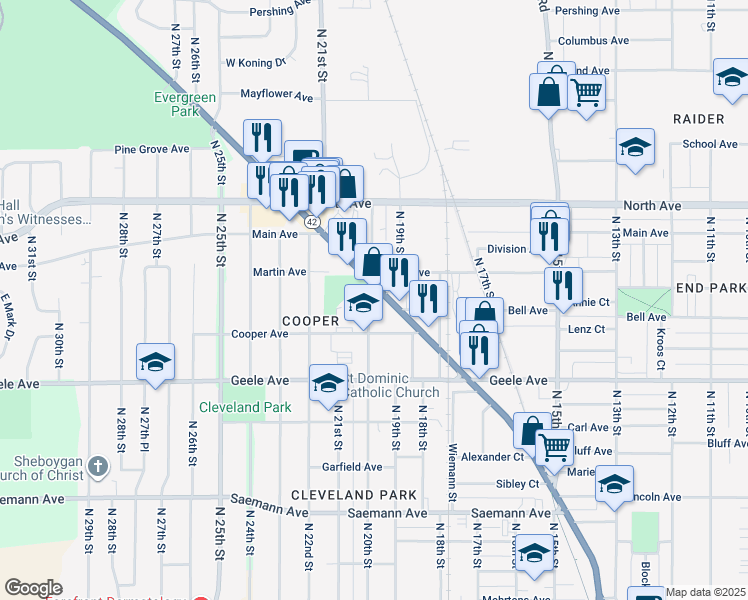 map of restaurants, bars, coffee shops, grocery stores, and more near 2433 North 20th Street in Sheboygan