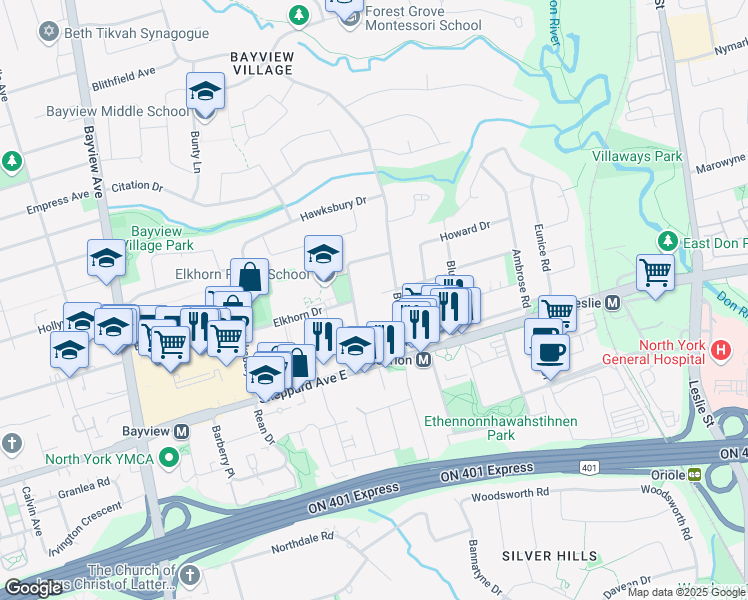 map of restaurants, bars, coffee shops, grocery stores, and more near 7 Lockton Court in Toronto
