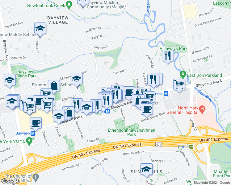 map of restaurants, bars, coffee shops, grocery stores, and more near 18 Blue Ridge Road in Toronto
