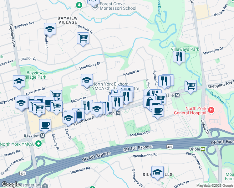 map of restaurants, bars, coffee shops, grocery stores, and more near 24 Denrock Drive in Toronto