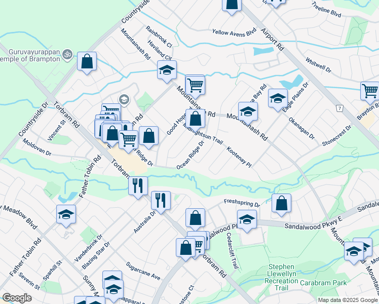 map of restaurants, bars, coffee shops, grocery stores, and more near 34 Ocean Ridge Drive in Brampton