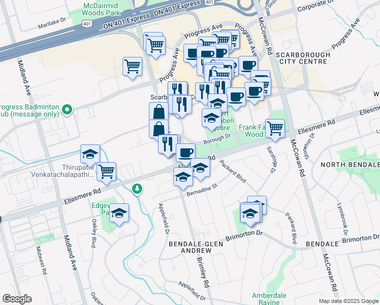 map of restaurants, bars, coffee shops, grocery stores, and more near in Toronto
