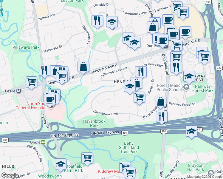 map of restaurants, bars, coffee shops, grocery stores, and more near in Toronto