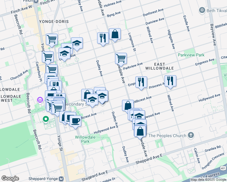 map of restaurants, bars, coffee shops, grocery stores, and more near in Toronto