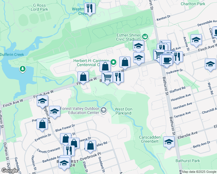 map of restaurants, bars, coffee shops, grocery stores, and more near 12 Goldfinch Court in Toronto