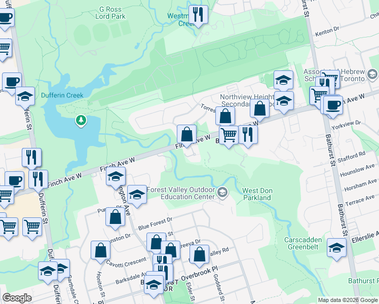 map of restaurants, bars, coffee shops, grocery stores, and more near 625 Finch Avenue West in Toronto