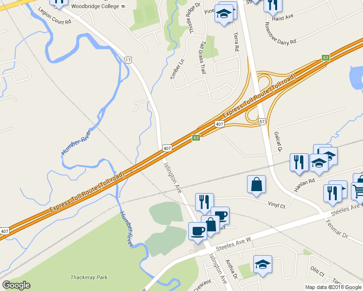 map of restaurants, bars, coffee shops, grocery stores, and more near Highway 407 in Vaughan