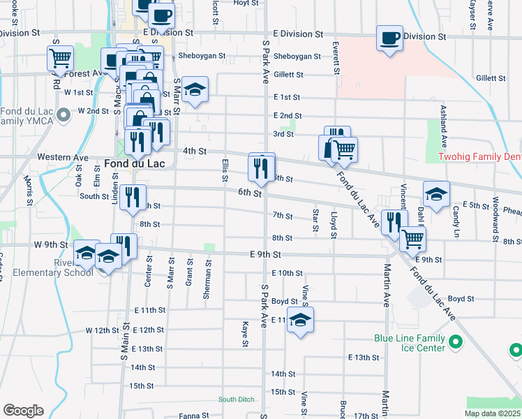map of restaurants, bars, coffee shops, grocery stores, and more near 182 6th Street in Fond du Lac